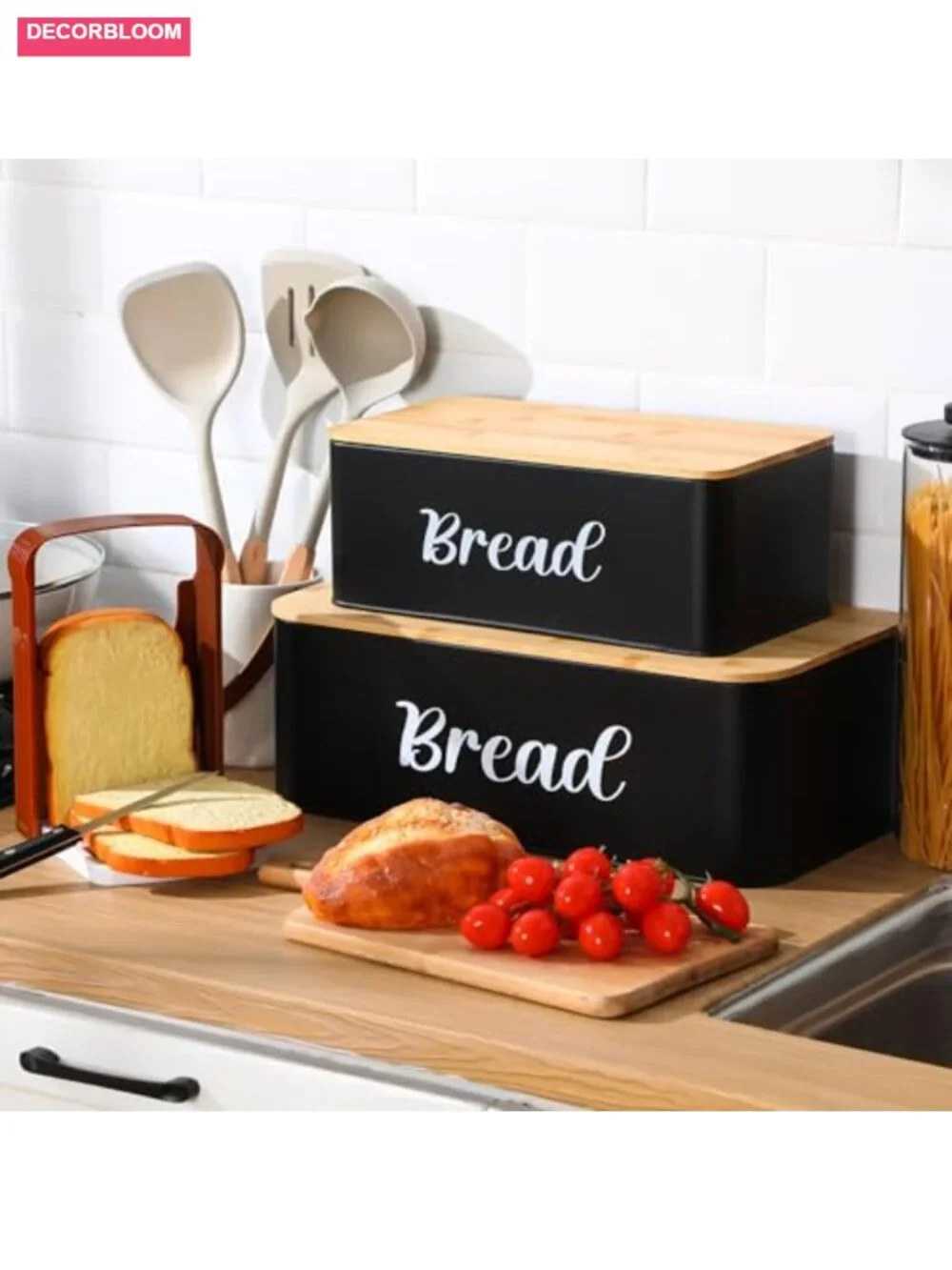 Extra Large Metal Bread Box Set with Bamboo Lid and Slicer